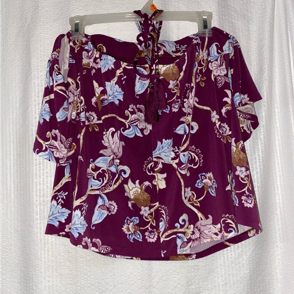 White House Black Market Plum Floral Off-Shoulder Blouse - Picture 2 of 4